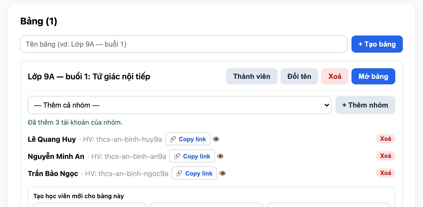 Thành viên của bảng, nút Copy link