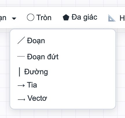 Menu Đoạn: Đoạn, Đoạn đứt, Đường, Tia, Vectơ