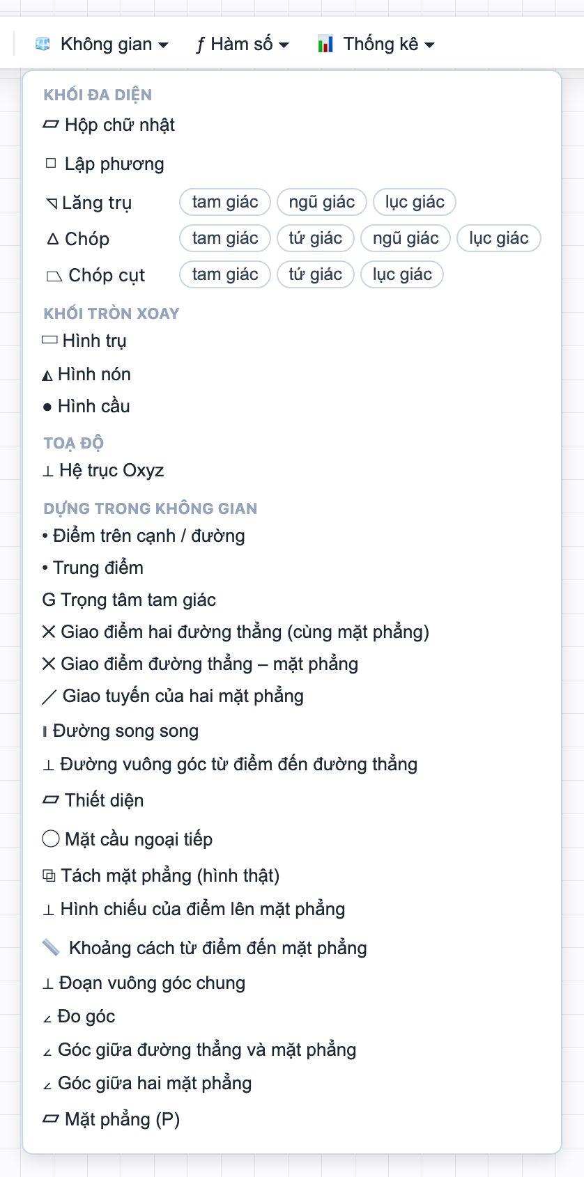 Menu Không gian